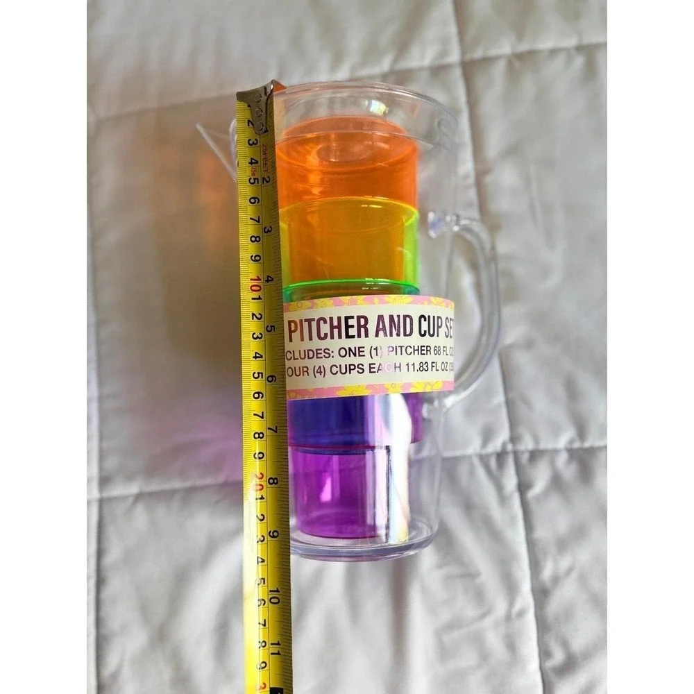 Bright & Fun Party Pitcher & Cup Set, 68 oz Pitcher, 4 Cups, 11.83 oz Each - NEW